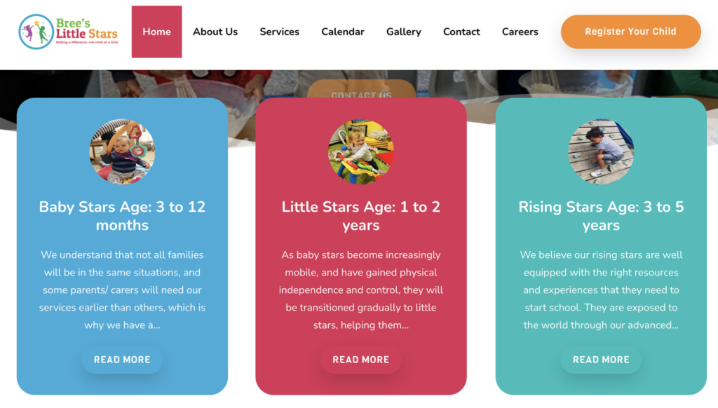 Bree Little stars website screenshot with menu and different age